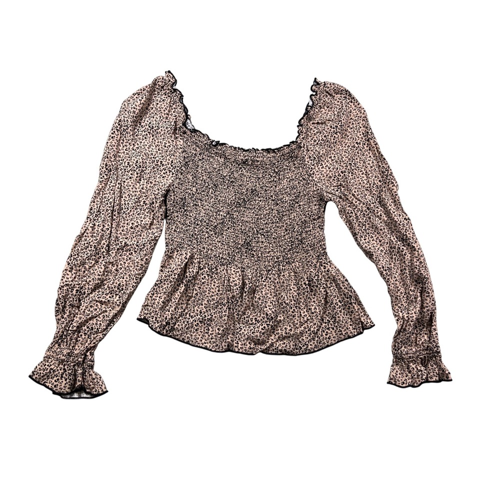 Urban Romantics Top Womens Small Smocked Boho Leopard Print Puff Sleeve Peasant